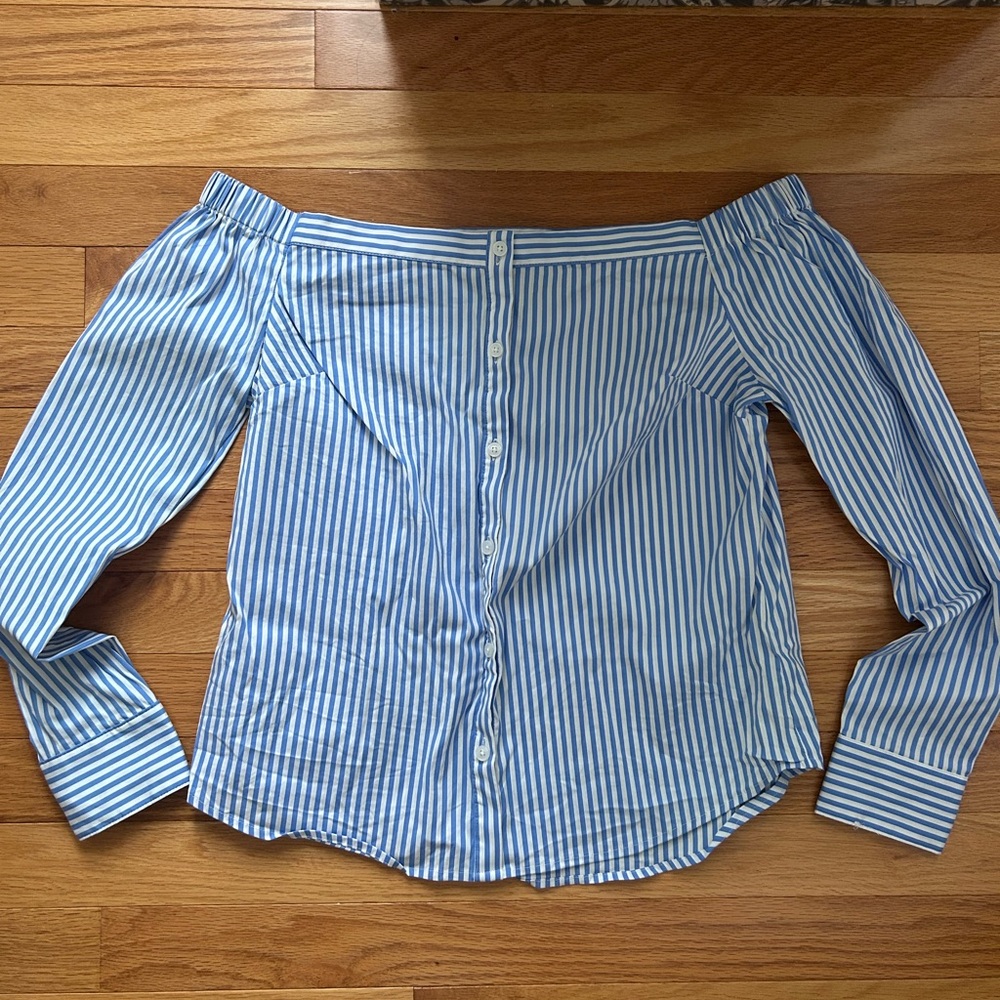 Express Blue and White Striped Off-Shoulder Top